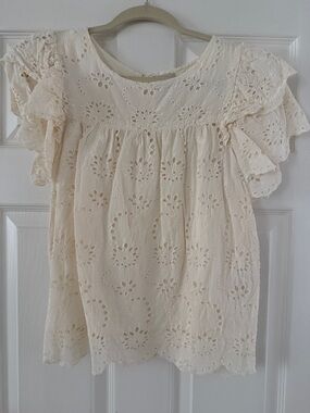 Cream Eyelet Ruffle Sleeve Blouse - Women's